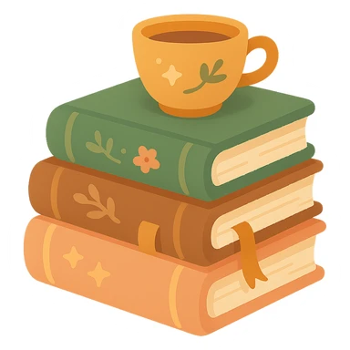 A cute stack of books with a cozy and magical vibe, each book bound in soft, harmonious colors: golden orange (FA9B41), forest green (4A7C5C), warm taupe brown (96775A), and pastel peach (FFCC9A). The books are slightly worn with rounded corners and decorative covers featuring tiny stars, floral motifs, or whimsical patterns. A ribbon bookmark peeks out from one, and a small cup of tea or magical trinket rests on top of the stack. The lighting is warm and gentle, with a dreamy, storybook feel. The overall scene feels inviting, charming, and gently enchanted sticker