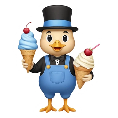 chicken in blue overalls and a black top hat, with an ice cream sundae sticker
