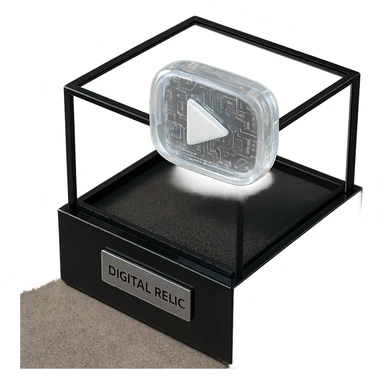 white youtube play button placed in the center of a sleek black acrylic box, like a collectible or museum artifact, foam padding, small engraved nameplate that says “Digital Relic”, soft ambient lighting, real-world texture sticker