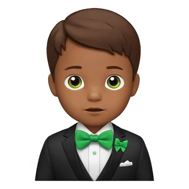 baby boy brown hair in suit, with green bow sticker