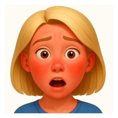 Reduce the intensity of the sunburn on the woman's face so it appears only slightly red with a mild sun-kissed look. Keep the style and expression the same as in the reference image. sticker