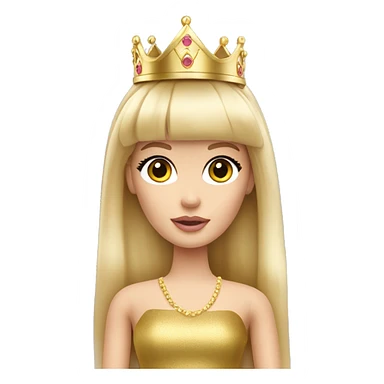 Blonde Barbie with full bangs and long hair and hazel eyes wearing a gold crown sticker