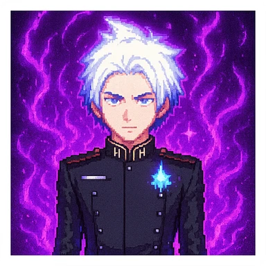 Add purple energy effects around Gojo Satoru in pixel art style, keeping the transparent background. The energy should be vivid and mystical, surrounding the character with glowing purple aura. sticker