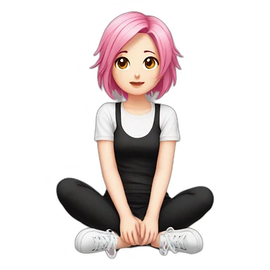 Full body Front view curvy emo girl pink hair sits on the floor straight view hands up black skirt белые трусики sticker