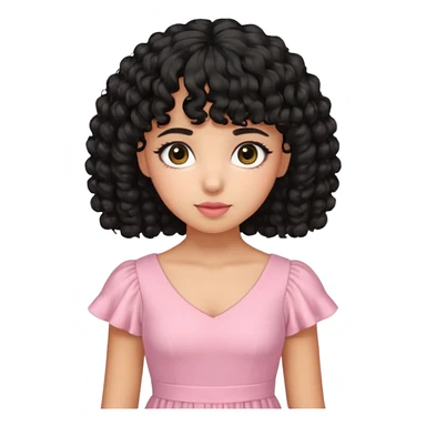 uma menina de pele oliva e cabelos pretos encaracolados e com franja encaracolada e um vestido rosa pastel sticker