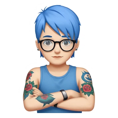 character with blue hair, glasses, tattoo on the arm sticker