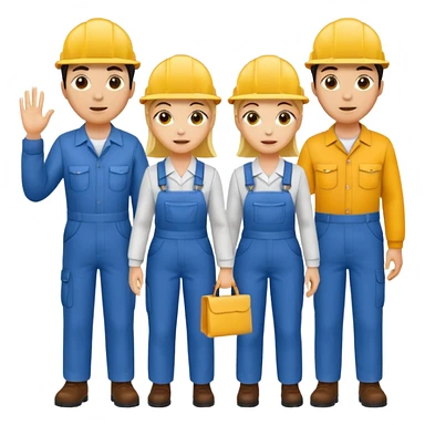 4 people, two man and two women,yellow skin, work style sticker