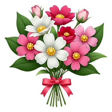 One pink flower and one white flower in transparent bouquet with red band  sticker