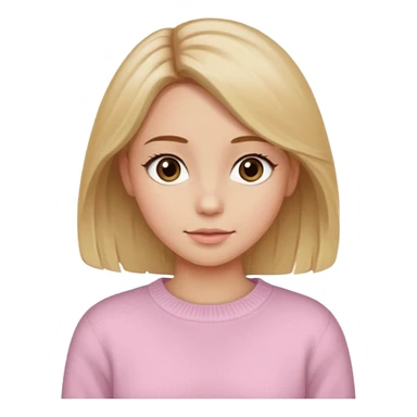 Crea una chica güerita con pelo café claro y raíces güeras, ojos rasgados cafés oscuros, suéter o camisa rosa claro sticker