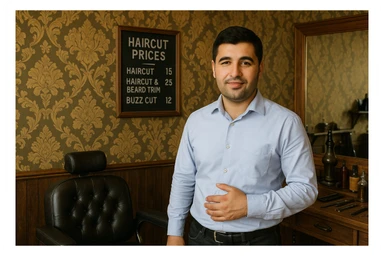 Draw me a picture of a barbershop that looks like this guy working in a barbershop. The barbershop doesn't have to be very modern. It should be on a medium floor. Also draw a blackboard on the wall. It should have the prices for haircuts there. sticker