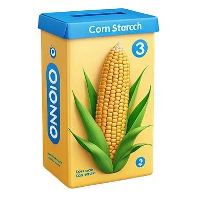 cornstarch box, rectangular, yellow with blue accents, rounded edges, corn cob illustration, green leaves, 'CORN STARCH' in bold red, smooth glossy packaging, minimal, clean 3D, soft shadows, transparent background, emoji scale sticker
