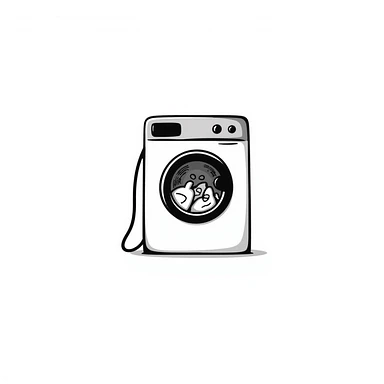 front-loading washing machine with clothes inside sticker