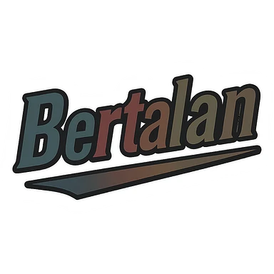 Bertalan name in masculine, modern gradient font with dark contour and thin white edging, dynamic slanted underline, masculine color shades (blue, gray, burgundy, green, brown), 1000x1000 px, PNG, transparent background, in the style of the uploaded Attila sample sticker