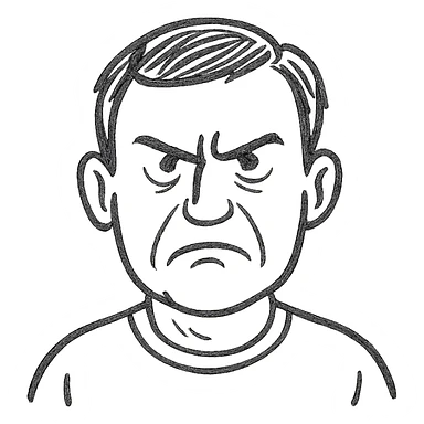 middle-aged man with short brown hair and angry expression, hand-drawn black outline style sticker