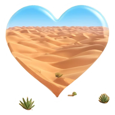 transparent heart-shaped emoji with barren desert sand dunes inside, no plants, clear glass effect sticker
