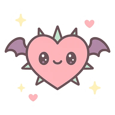 black gothic heart with metallic spikes and very tiny gothic bat wings, ornate, dark, elegant, kawaii style sticker