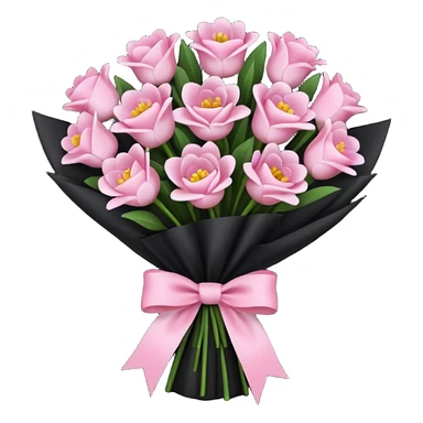 Create a baby pink and dark pink flowers bouquet with black wrap paper and with white bow sticker