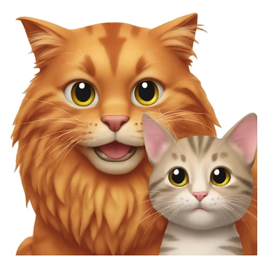 A big red cat playing with a small kitty sticker