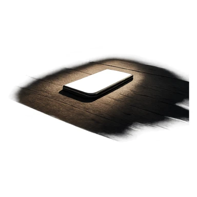 dark room in loft style, iphone lies on wooden table, beam of light shines directly on it and on table sticker