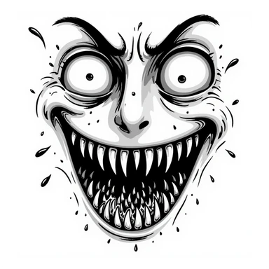 sketchy japanese horror manga style, extremely disturbing face with bulging eyes, split face revealing hundreds of tiny teeth inside, uncanny, creepy, Junji Ito inspired sticker