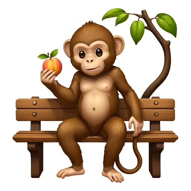monkey(full body) sitting on a bench and eating peach and chocolate sticker