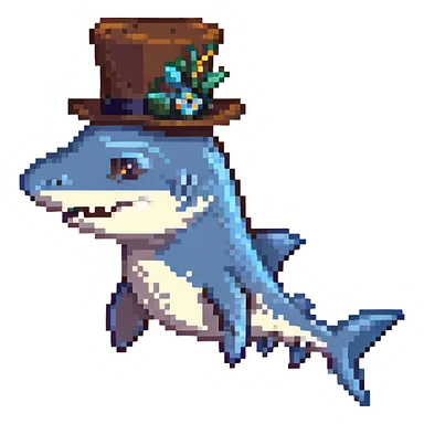 pixel art style blue shark, fancy tophat sticker