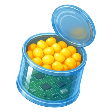 open tin can filled with bright yellow corn kernels, glossy plump grains, clean rim, no label or spoon, clean 3D style, soft lighting, emoji scale sticker