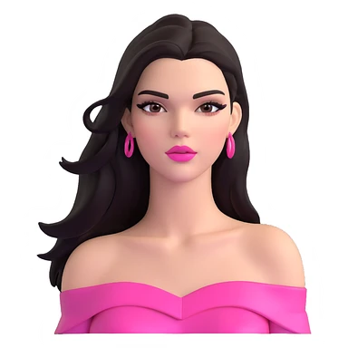 Kendall Jenner supermodel, longer face, long dark hair, bright pink glossy lipgloss, rosy pink blush, sharp winged eyeliner, bare shoulders sticker