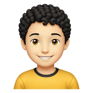 bé trai 10 tuổi, da vàng, tóc ngắn xoăn màu đen, mặt cười tươi vui vẻ sticker
