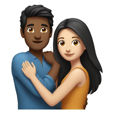 Friends hugging each other. Indian man with black hair. White woman with blue eyes and long brown hair sticker