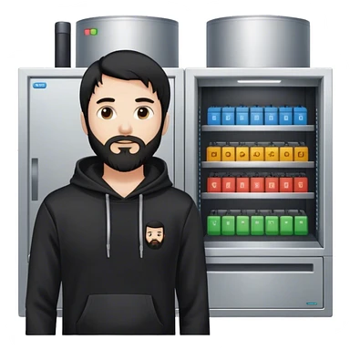 hackeur blanc cheveux noir barbe et capuche noir à côté d'un server sticker