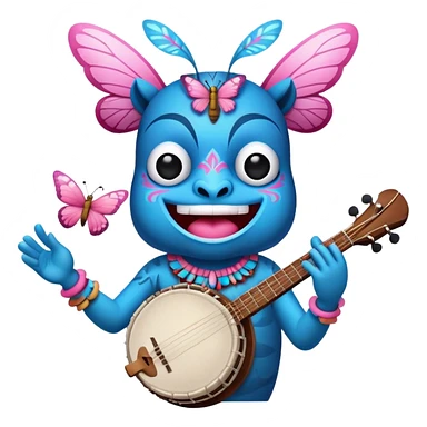 Pixar style little Blue and pink tiki singing with a butterfly and playing a banjo, ultra detailed and lifelike imagery, realistic sticker
