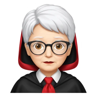 An older woman with glasses and white hair, in a red tie and black cape sticker