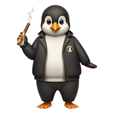 friendly anthropomorphised penguin wearing a mafia-style tracksuit, holding a cigar, secretive scheming pose, soprano vibe sticker