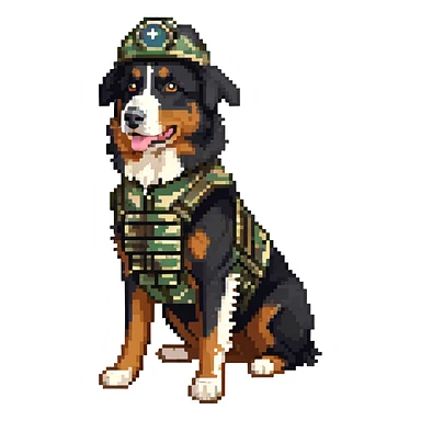 black-tri Mini American Shepherd in a camo green soldier uniform and green helmet sticker