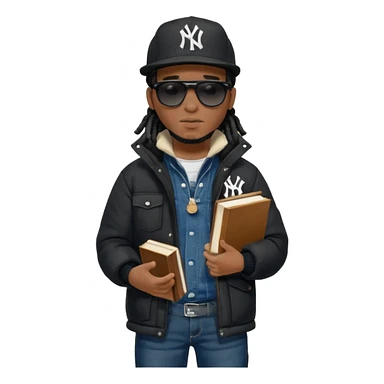 African American man with shoulder length black dreadlocks and black sunglasses wearing a black New York Yankees baseball hat with a North Face brand bubble winter coat with denim skinny jeans and timberland boots walkingholding a bible sticker