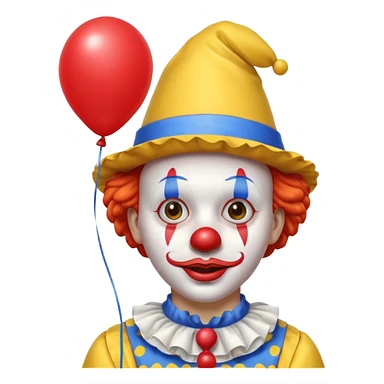 A clown who has a yellow hat, yellow clothes, blue neck ruffle, and a red balloon as his lips; sticker