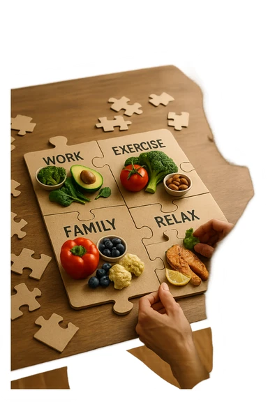 realistica cinematic photo a person is surrounded by puzzle pieces, each representing a different aspect of their life (Lavoro, Esercizio, Famiglia, Relax), and healthy foods are integrated into each piece. The person assembles the puzzle, creating a complete, personalized nutrition plan. The mood is uplifting and creative. in italiano sticker