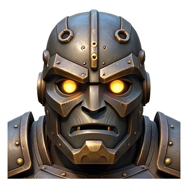 Cinematic Noble Mighty Iron Golem Portrait Emoji Poised and imposing, with a towering, metallic form forged from intricately detailed plates of burnished steel and ancient bronze, etched with faint traces of runes and weathered marks of time. Its piercing, glowing eyes radiate unwavering resolve, casting a solemn and commanding presence; rendered with lifelike texture and natural metallic highlights, high shine, elegant yet indomitable, styled with an aura of legendary endurance, focused and resolute, soft glowing outline, capturing the essence of an eternal guardian, standing vigilant and immovable as if ready to awaken at any moment with unstoppable might! sticker