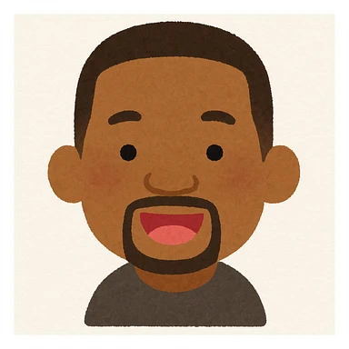 Will Smith's head in Irasutoya style, friendly and cartoonish, simple shapes, soft colors, cheerful expression sticker