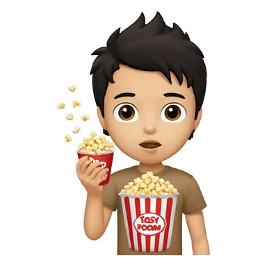 generate a pretty tan bratz boy with a brown tshirt on. eating popcorn. messy black hair sticker