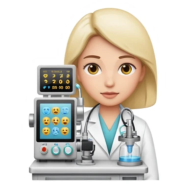 medical professional operating anesthesia machine, white coat, emoji illustration, clean background sticker