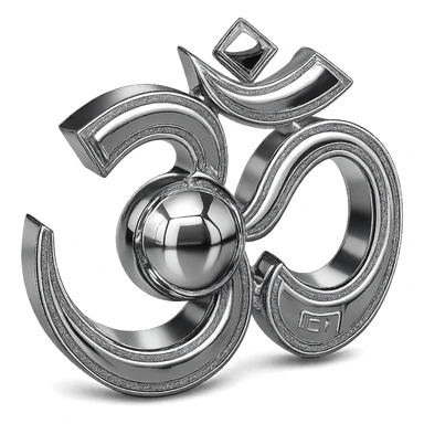 Place a radiant chrome sphere in the center of the Om sign, keep the style intricate and reflective, with no background. sticker