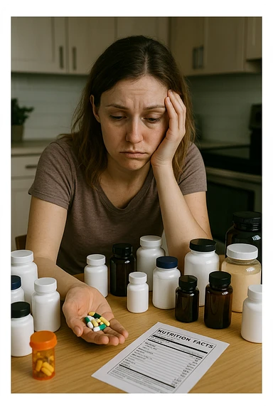 a woman in her 30s sits at her kitchen table, surrounded by dozens of supplement bottles, powders, and pills. She looks anxious and fatigued, with her head resting in one hand while the other holds a handful of colorful capsules. On the table, a nutrition chart is ignored, and her skin appears slightly dull or stressed. The mood is cautionary and educational. in italiano sticker