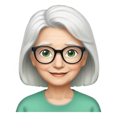 White hair grandma, green eyes, hair to shoulder, lokeg black glasses, rectangles face, smile , sticker