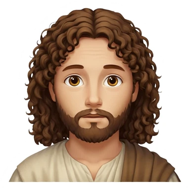 "Jesus with medium curly hair, not long, gentle expression, realistic yet soft digital painting, warm and serene colors." sticker