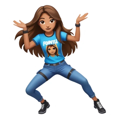 Girl with long brown hair dancing with Fortnite shirt sticker