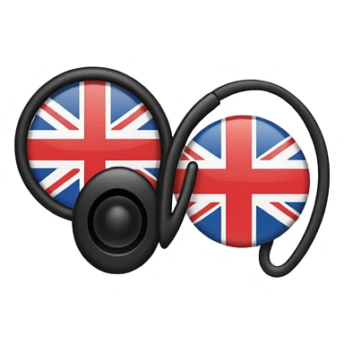 Minimalistic flat vector icon, iOS style, thin black contour on white background. Ear icon with sound waves and small UK/USA flag symbol. Clean, no text, no shadows sticker