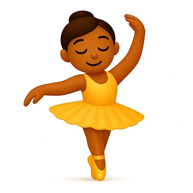 Edit the image to keep the same pose with the right foot on tippy toe in iOS emoji style. Maintain the yellow tutu, elegant, smooth, and shiny look as in the reference. Add a subtle highlight to the legs. sticker