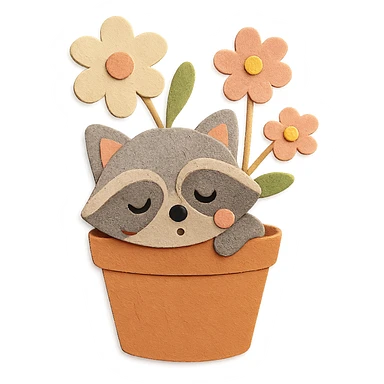 a sleepy raccoon inside a flower pot with a few flowers inside the pot, pastel earthy colors, paper craft style sticker